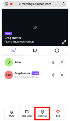 0 
@ meetings.dialpad.com 
Olı 
Host 
Greg Hunter 
Rivers Equipment Group 
John 
GH 
Greg Hunter 
Host 
2 
Rivers Equipment Group 
Mute 
Stop video 
Settings 
End 