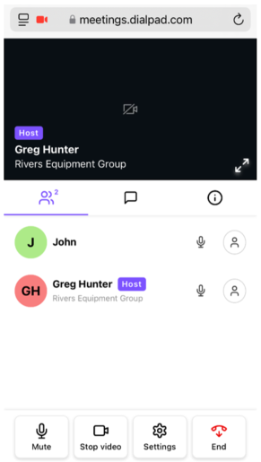 0 
@ meetings.dialpad.com 
10 
Host 
Greg Hunter 
Rivers Equipment Group 
2,2 
J 
John 
GH 
Greg Hunter 
Host 
Rivers Equipment Group 
8 
Mute 
Stop video 
Settings 
End 