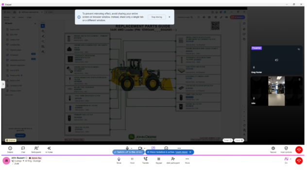 To prevent mirroring effect, avoid sharing your entine 
DOW 
--- 
screen or browser window. Instead, shane only a single tinh 
-- 
REPLACEMENT PARTS GUIDE 
544K 4WD Loader (PIN: 1DW544K ___ E6.42665-] 
-- 
-- 
---- 
--- 
JOHN DEERE 
N . 
= 