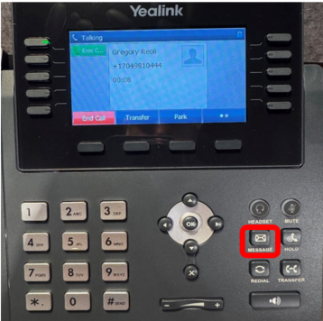Yealink 
& Talking 
Gregory Reoli 
+17049810444 
00.08 
End Call 
Transfer 
Park 
2. 
3 . 
TADSE 
5 
MESSAGE 
7 - 
× 
MEDIAL 
TRANSFER 
* 
0 