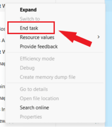 The image shows a computer screen with a taskbar displaying various options such as 'Expand', 'End Task', 'Resource Values', 'Efficiency Mode', and 'Debug', along with actions like 'Go to Details' and 'Search Online'.

AI-generated content may be incorrect.